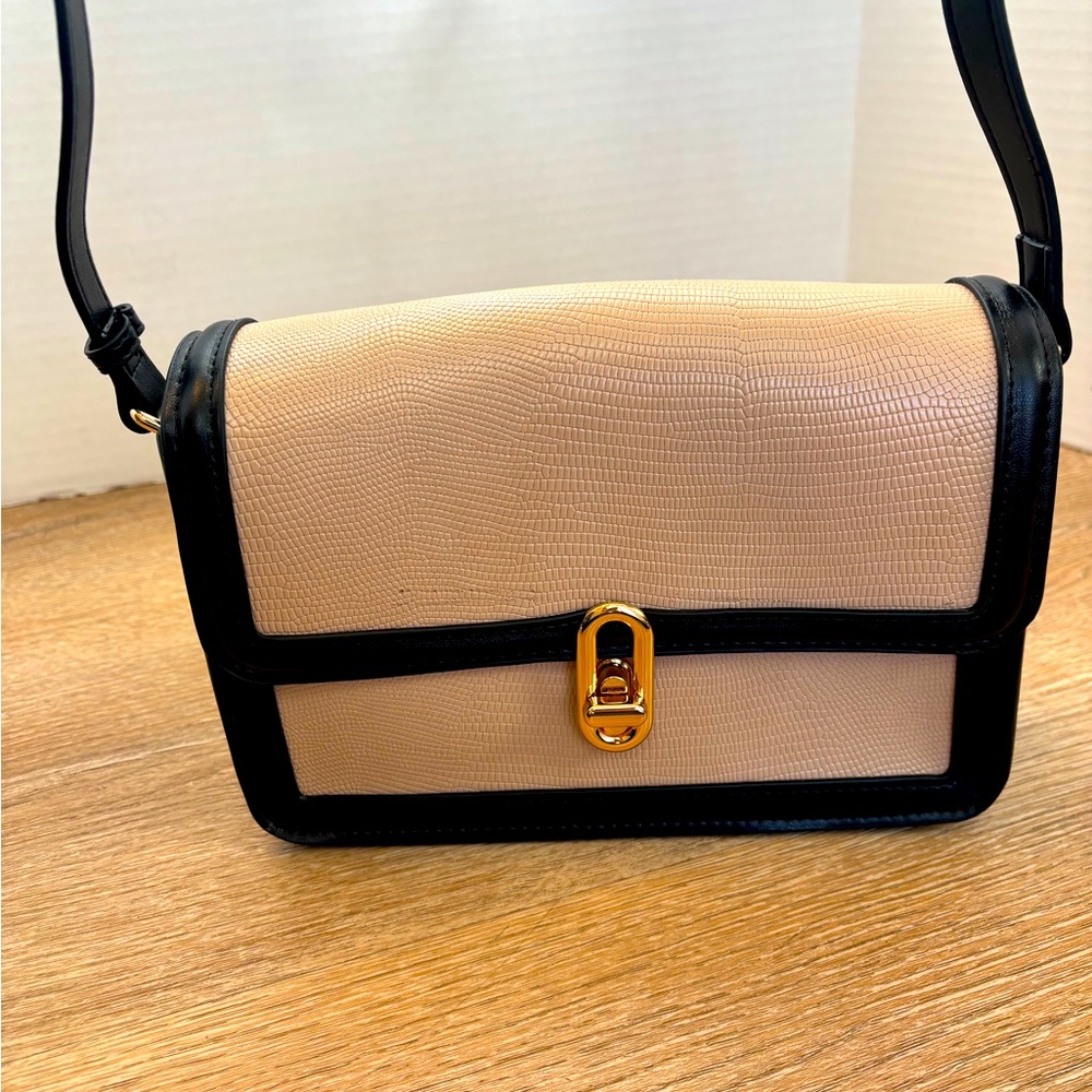 Jules Kae Colorblock Crossbody Bag | Beige Black Structured Gold Hardware